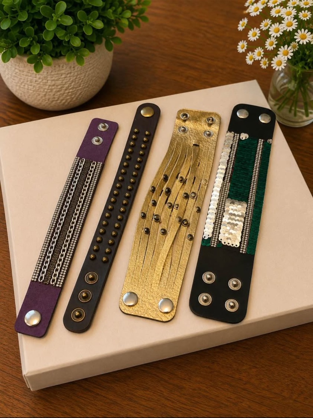 paparazzi Leather Snap Bracelet Set — Purple, Black, Gold, Green